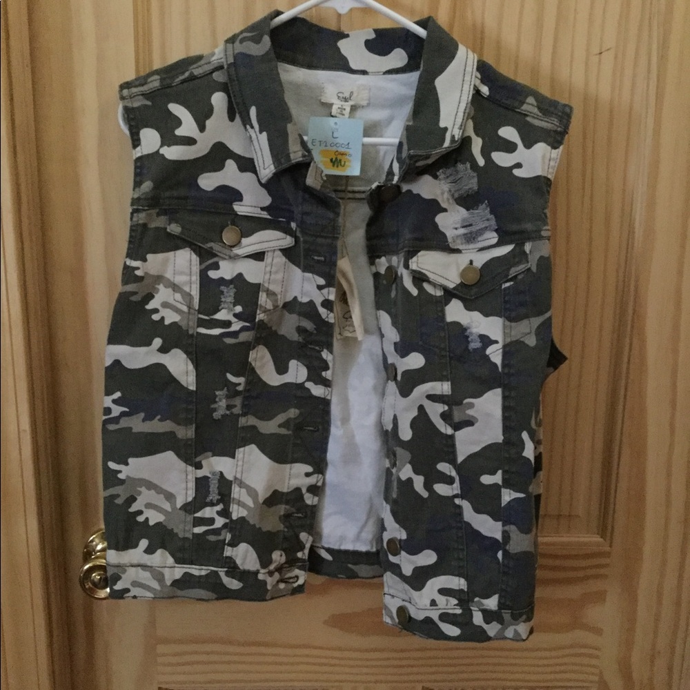 Distressed camo denim vest